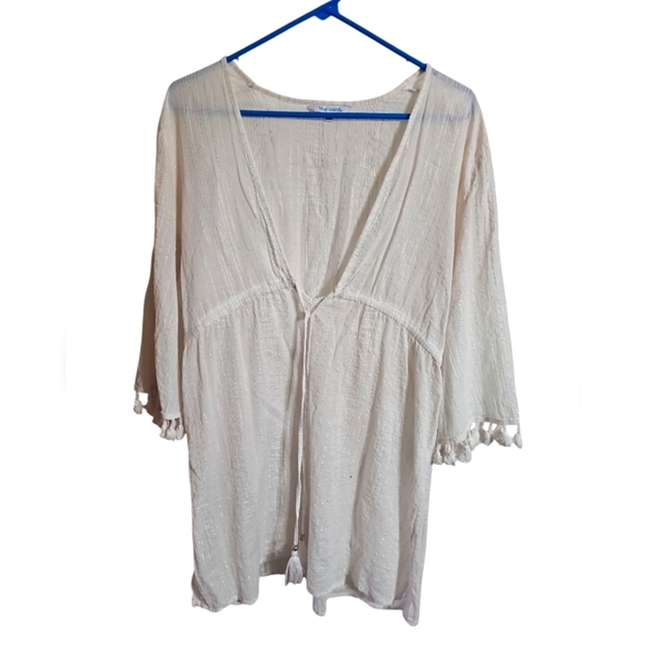 Blue Island Silver Threaded Gauzy Adjustable Waist Beach Cover Up White Large - Picture 2 of 6